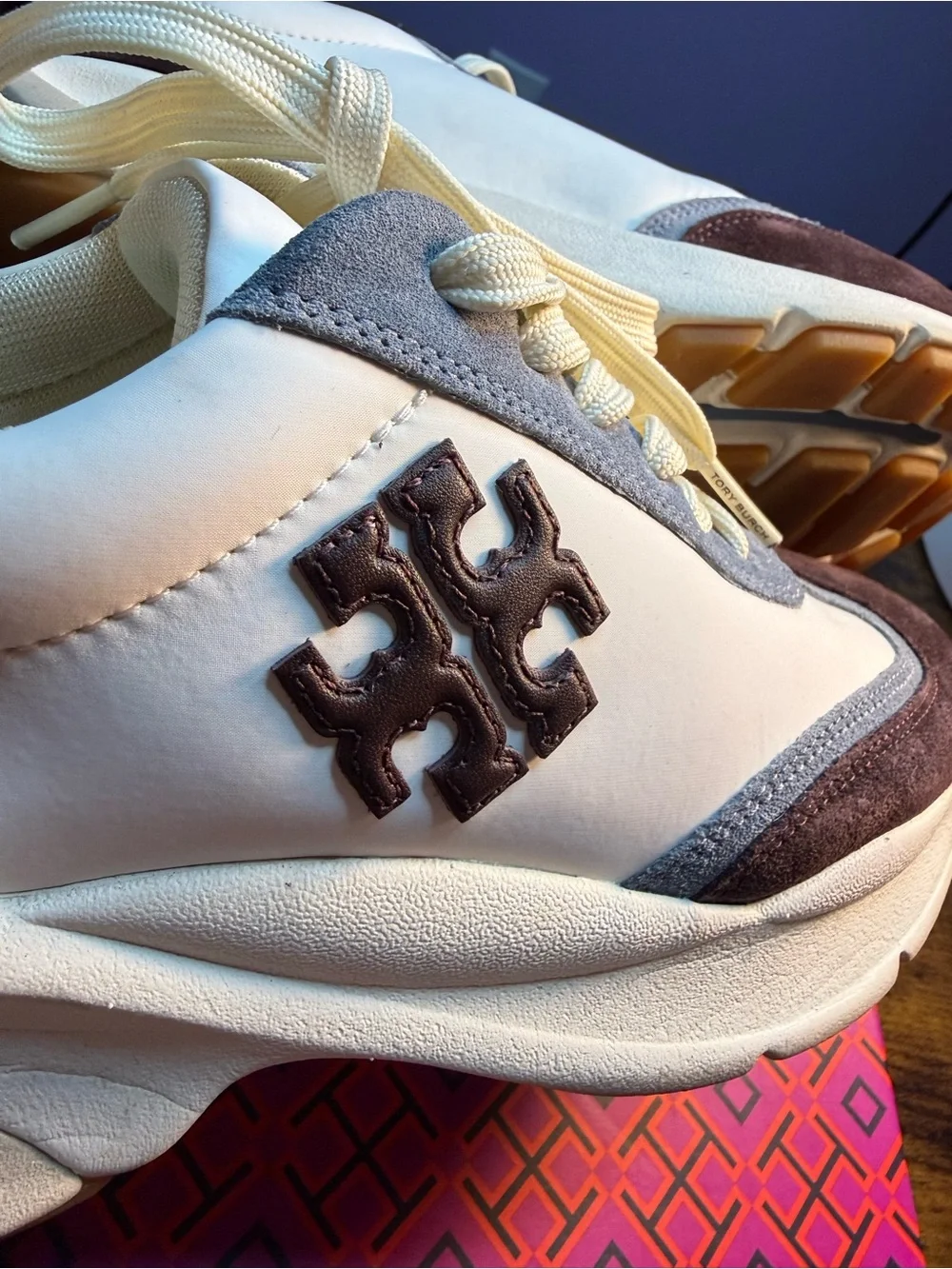 Tory Burch White and Dark Brown Leather Suede Sneakers Size 9
